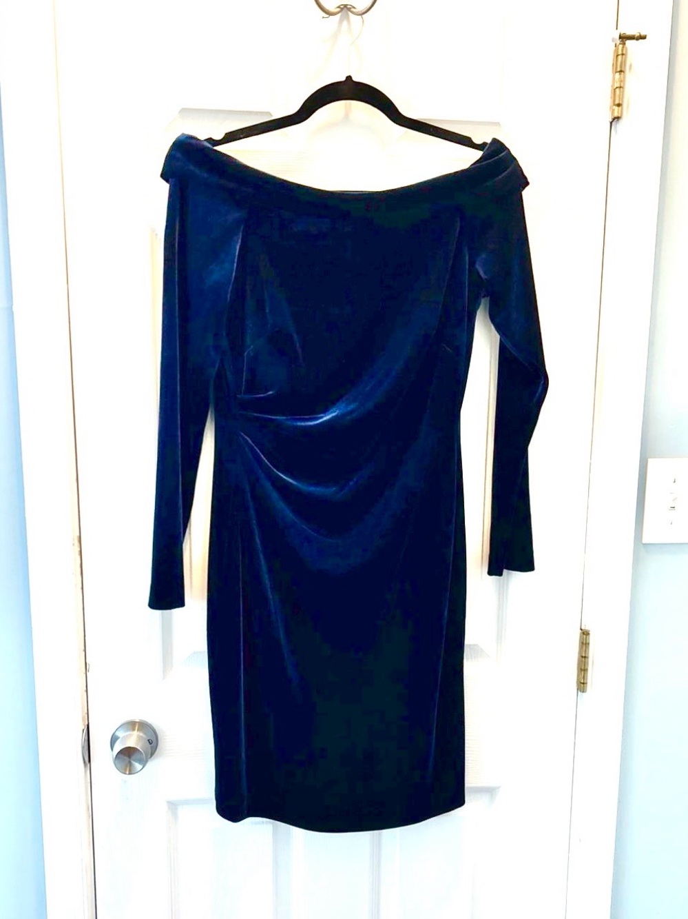 Eliza J Dress Womens 6 Navy Velvet Off Shoulder Long Sleeve Sheath Ruched Zip